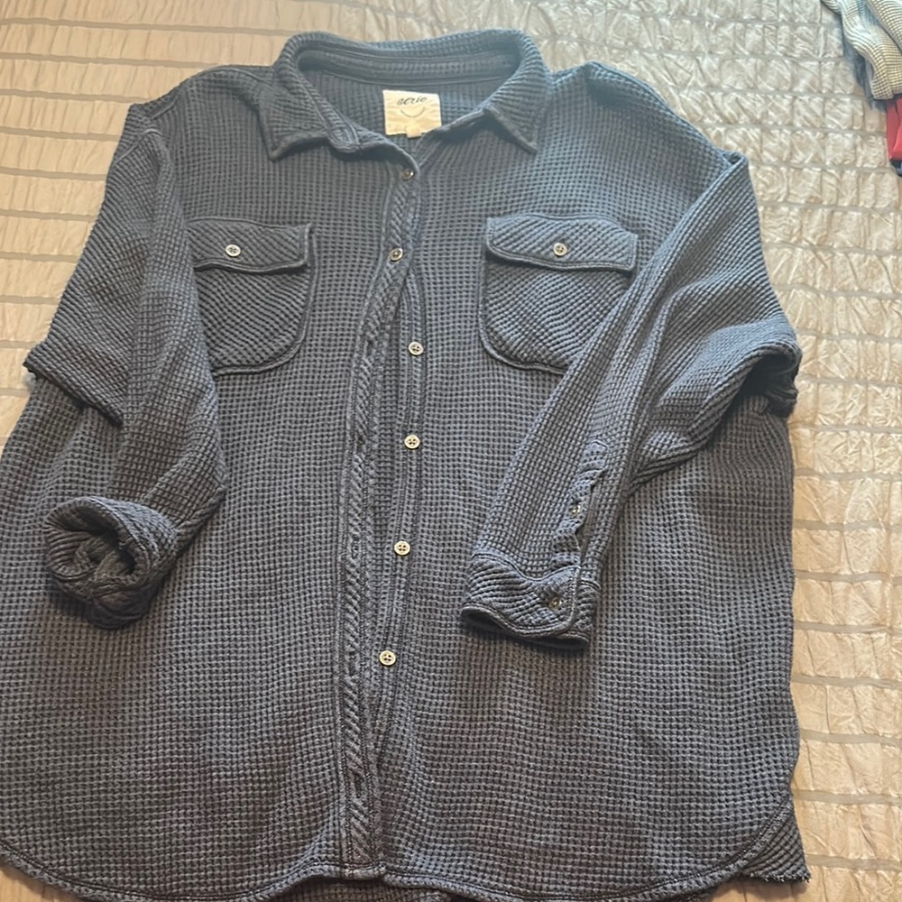 Navy blue Button-Up Waffle Knit Shirt